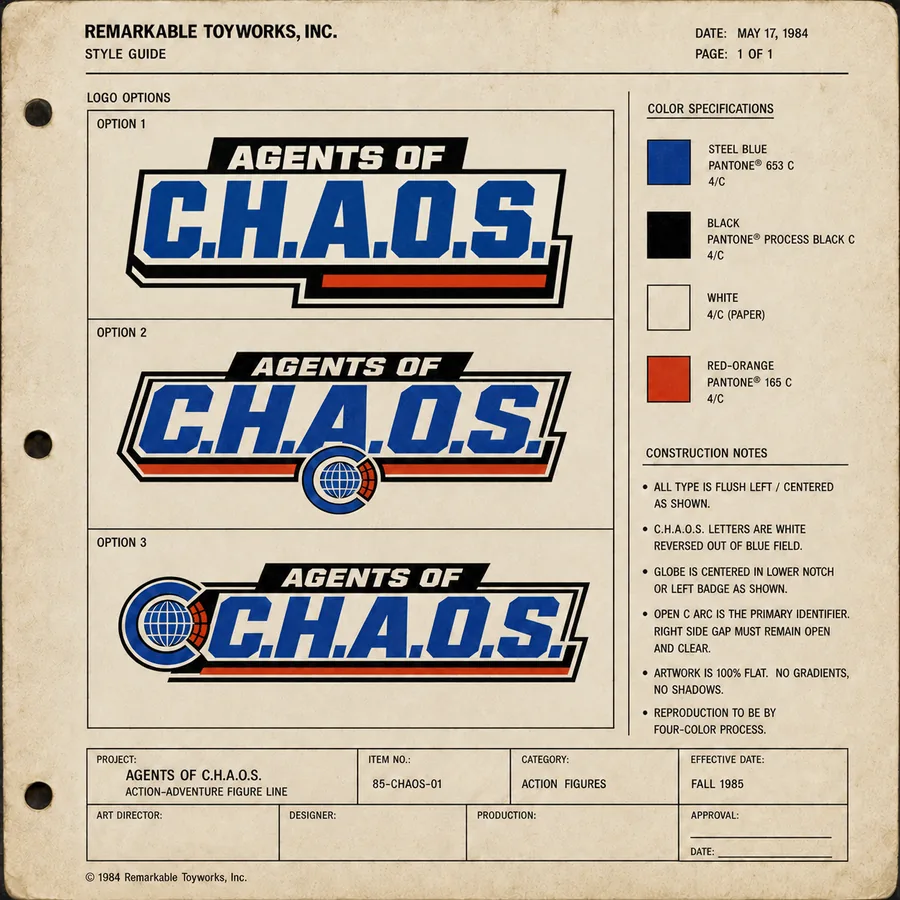 A 1984 Agents of C.H.A.O.S. style guide sheet showing logo options and color specifications.