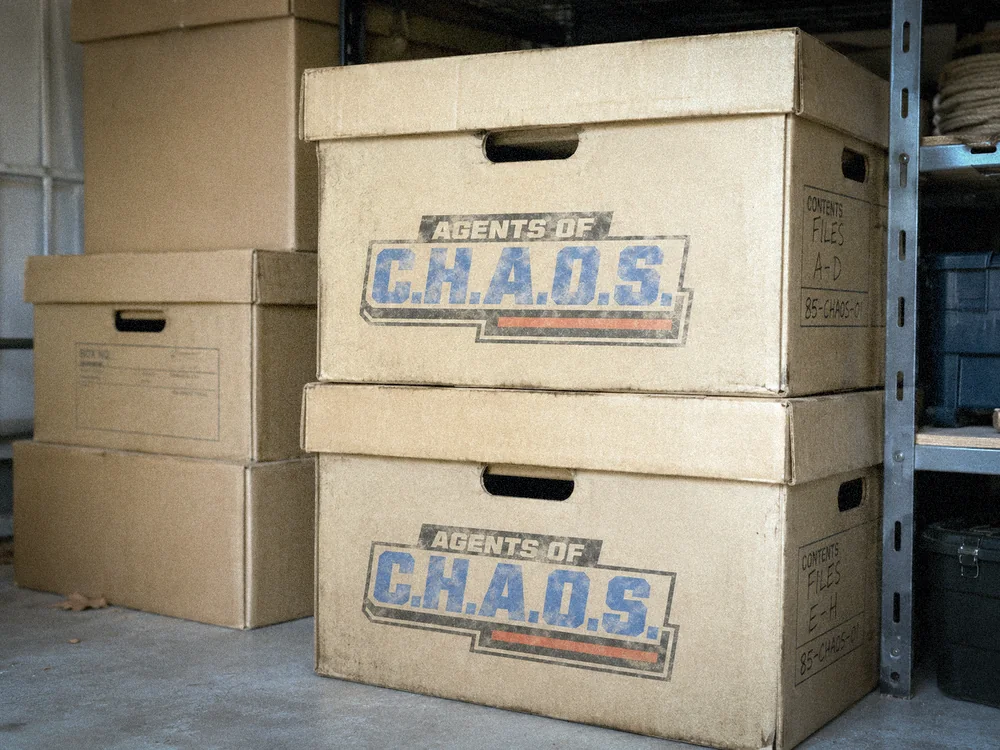Agents of C.H.A.O.S. archive boxes stored in Dale Harmon's garage.
